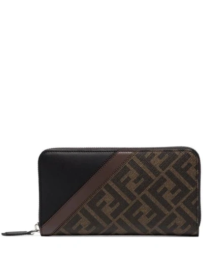 Shop Fendi Ff Monogram Zip-around Wallet In Brown