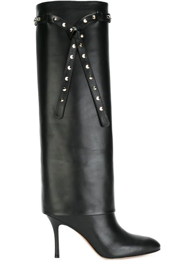 Valentino Garavani Studded-ties Suede Knee Boots In Black