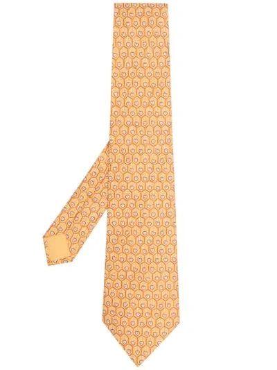 Pre-owned Hermes  Heart Print Neck Tie In Orange