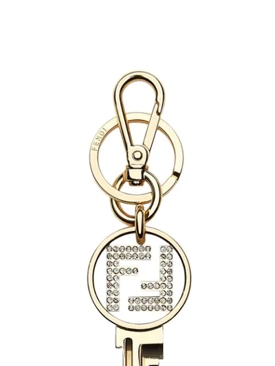 Shop Fendi Crystal Ff Motif Keyring In Gold