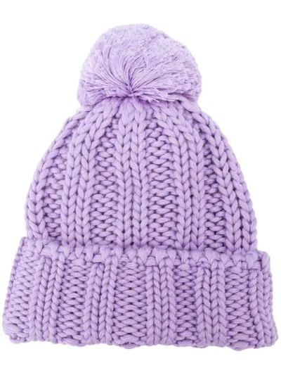 Shop Msgm Pompom Knitted Beanie In Purple