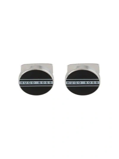 Shop Hugo Boss Engrave Logo Enamel Cufflinks In Black