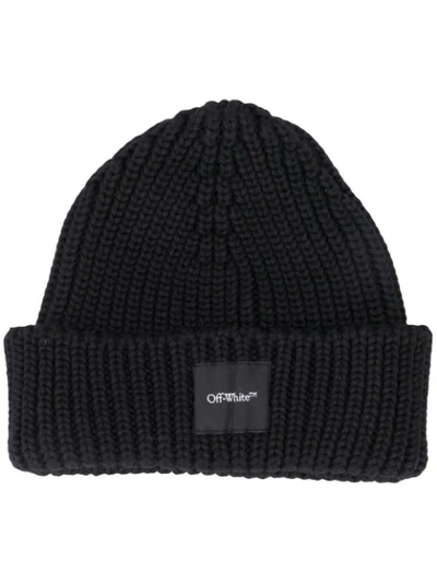 Shop Off-white Logo-patch Ribbed-knit Beanie In Black