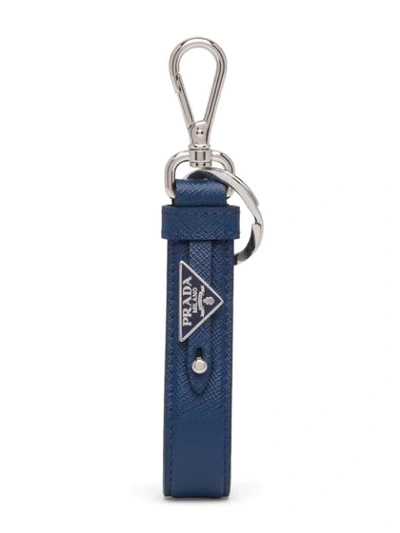 Shop Prada Saffiano Logo Keychain In Blue