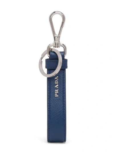 Shop Prada Saffiano Logo Keychain In Blue