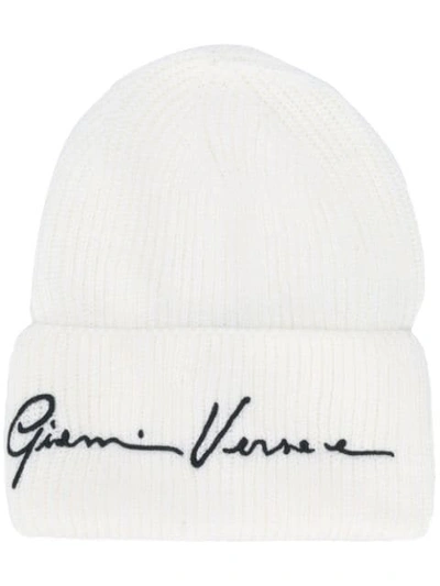 Shop Versace Gv Signature Beanie In White