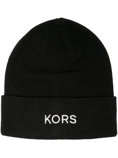 Shop Michael Kors Embroidered Logo Knitted Beanie In Black
