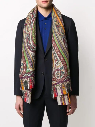 Shop Etro Contrast Paisley Patterned Scarf In Neutrals