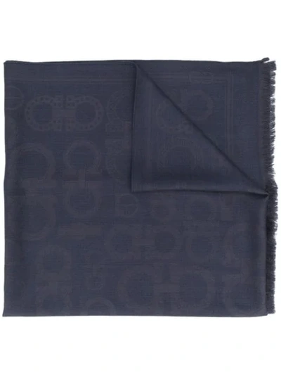 Shop Ferragamo Fringed Gancini Pattern Foulard In Blue