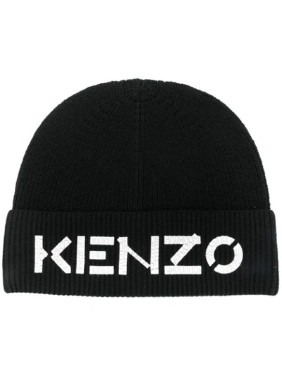 Shop Kenzo Logo Print Ribbed Beanie In Black