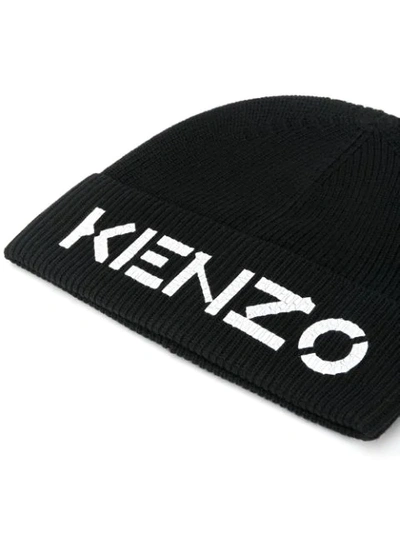 Shop Kenzo Logo Print Ribbed Beanie In Black