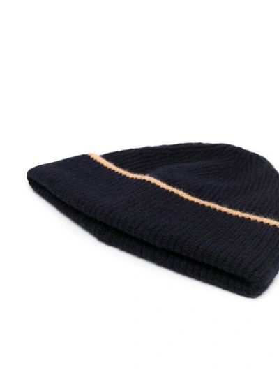 Shop Ymc You Must Create Ribbed Knit Contrast Trim Beanie Hat In Blue