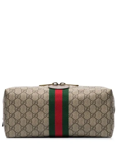 Shop Gucci Ophidia Gg Supreme Leather-trimmed Logo-print Canvas Wash Bag In Brown