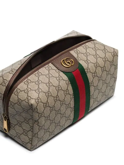 Shop Gucci Ophidia Gg Supreme Leather-trimmed Logo-print Canvas Wash Bag In Brown