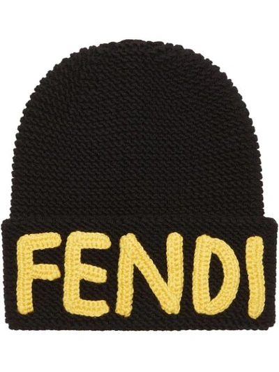 Shop Fendi Intarsia-knit Beanie Hat In Black