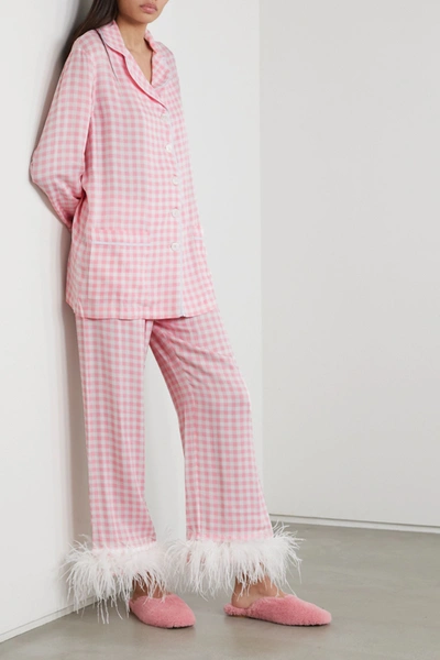 Shop Sleeper Feather-trimmed Gingham Crepe De Chine Pajama Set In Pink