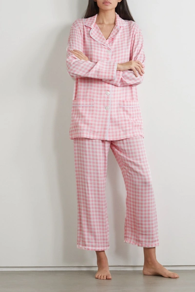 Shop Sleeper Feather-trimmed Gingham Crepe De Chine Pajama Set In Pink