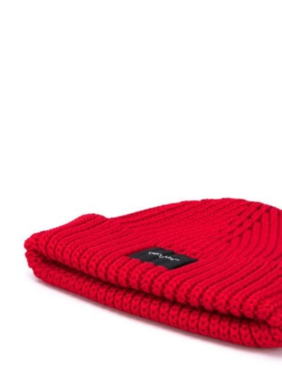 Shop Off-white Logo-patch Chunky-knit Beanie In Red