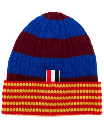 Shop Thom Browne Fc Barcelona Crest Striped Beanie In Red