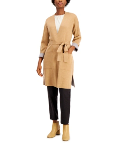 Shop Eileen Fisher Bracelet-sleeve Belted Cardigan Sweater In Honey