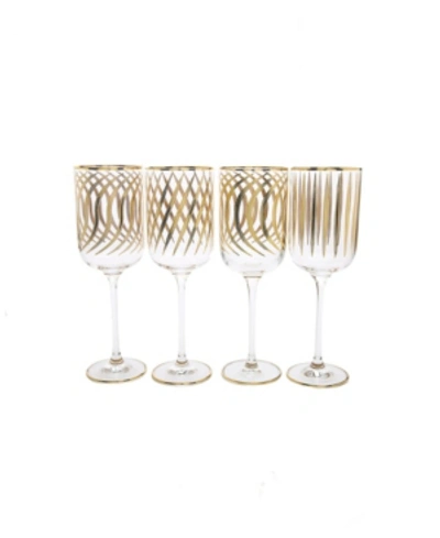 Classic Touch Set Of 4 Mix And Match Design Water Glasses With 24k Gold Design In Gold