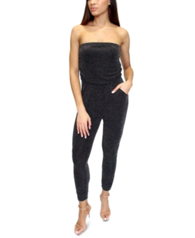 Shop Almost Famous Crave Fame Juniors' Strapless Glitter Jumpsuit In Black/silver