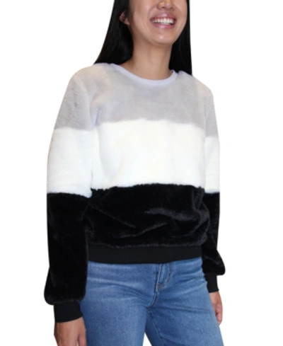 Shop Almost Famous Juniors Fuzzy Colorblocked Sweatshirt In Grey/black/ivory