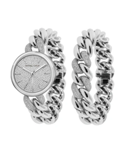 Shop Kendall + Kylie Women's  Silver Tone And Crystal Chain Link Stainless Steel Strap Analog Watch And Br In Silver- Tone