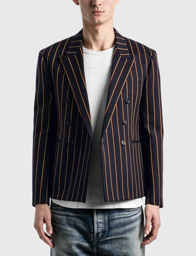 Shop Saint Laurent Double Breasted Short Tailored Jacket In Striped Wool Serge In Blue