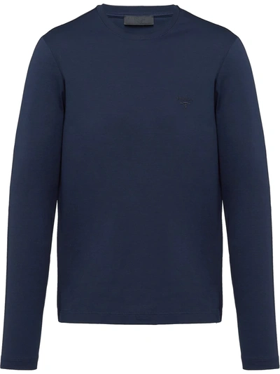 Shop Prada Crew Neck Long-sleeved T-shirt In Blue