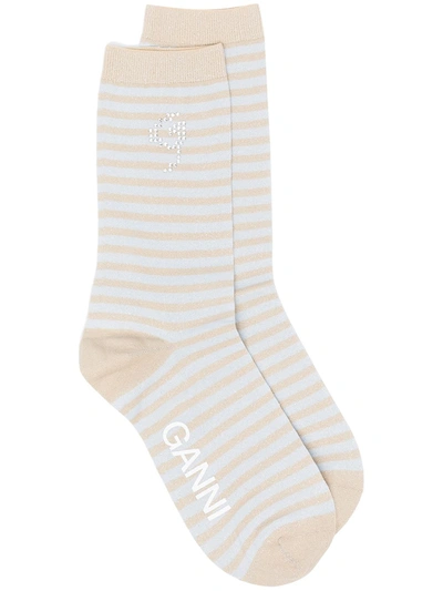 Shop Ganni Striped Metallic-thread Socks In Neutrals