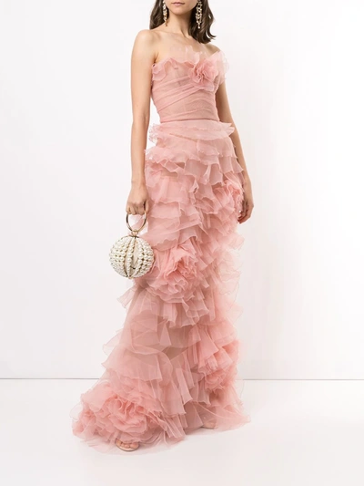 Shop Marchesa Ruffled Strapless Gown In Pink