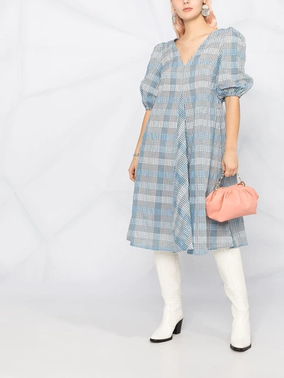 Shop Ganni Seersucker Check Midi-dress In Blue