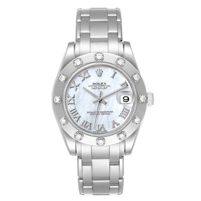 Pre-owned Rolex Mop Diamonds 18k White Gold Pearlmaster 81319 Women's Wristwatch 34 Mm