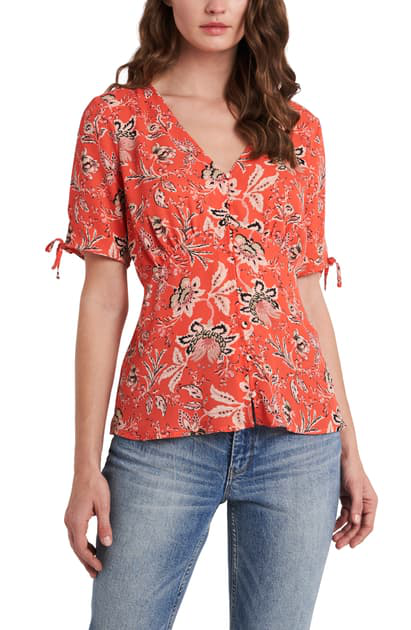 Vince Camuto Women's Short Antique Like V-neck Blouse In Coral Blaze |