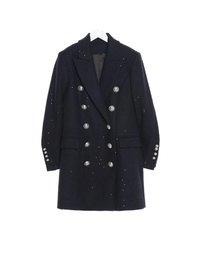 Shop Balmain Logo Buttons Coat In Blue