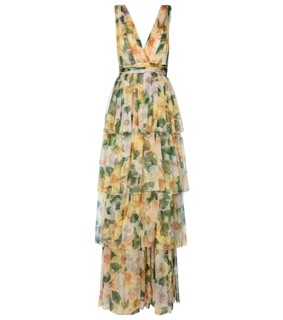 Shop Dolce & Gabbana Floral Silk Chiffon Gown In Yellow