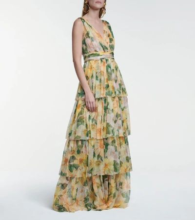 Shop Dolce & Gabbana Floral Silk Chiffon Gown In Yellow