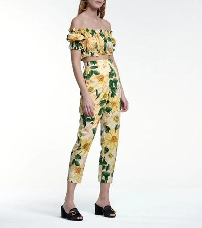 Shop Dolce & Gabbana Floral Cotton Straight Pants In Yellow