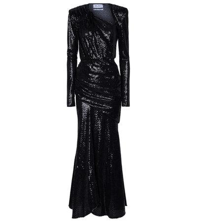 Shop Attico Sequined Ruched Jersey Gown In Black