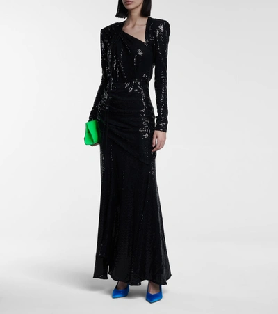 Shop Attico Sequined Ruched Jersey Gown In Black