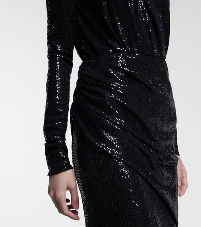 Shop Attico Sequined Ruched Jersey Gown In Black