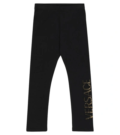 Shop Versace Embellished Stretch-cotton Leggings In Black