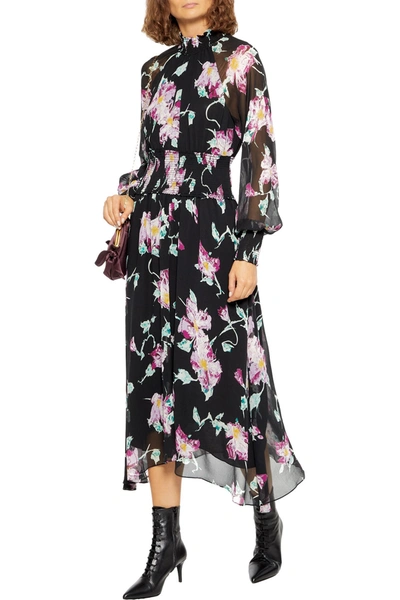Shop A.l.c Casey Shirred Floral-print Silk-crepon Midi Dress In Black