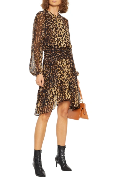 Shop A.l.c Sidney Asymmetric Shirred Leopard-print Silk-crepon Dress In Animal Print