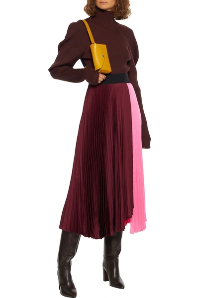 Shop A.l.c Grainger Color-block Pleated Crinkled-satin Midi Skirt In Burgundy