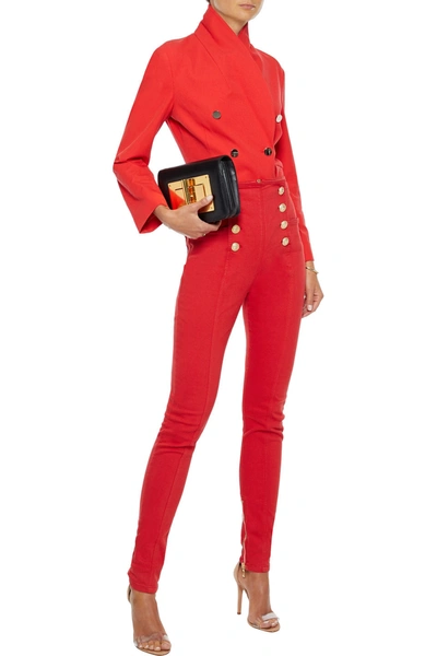 Shop Balmain Button-embellished High-rise Skinny Jeans In Red