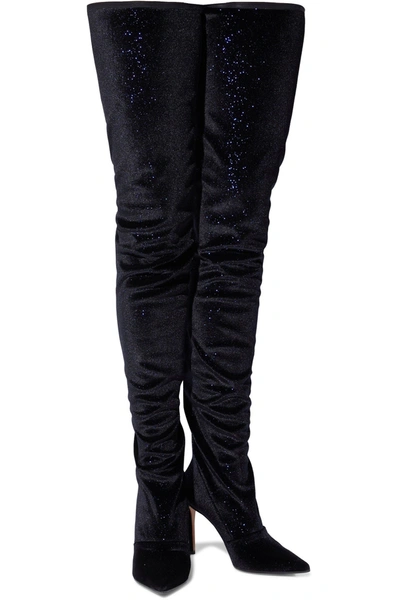 Shop Balmain Amazone Glittered Stretch-velvet Thigh Boots In Midnight Blue