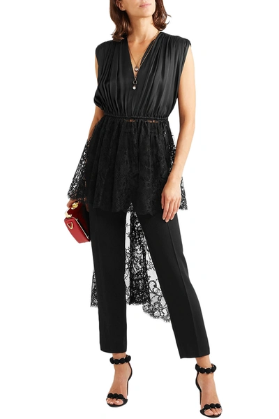 Shop Alexander Mcqueen Asymmetric Silk-satin And Cotton-blend Lace Tunic In Black