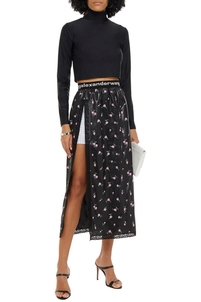 Shop Alexander Wang Lace-trimmed Coated Floral-print Satin Midi Skirt In Black